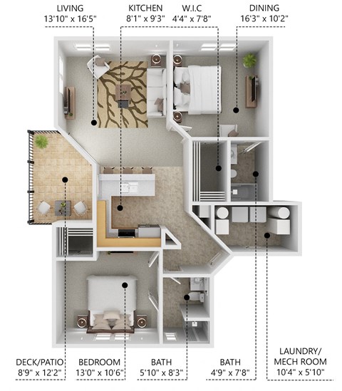 Floor plan for 2 beds, 2 baths, 885 sqft